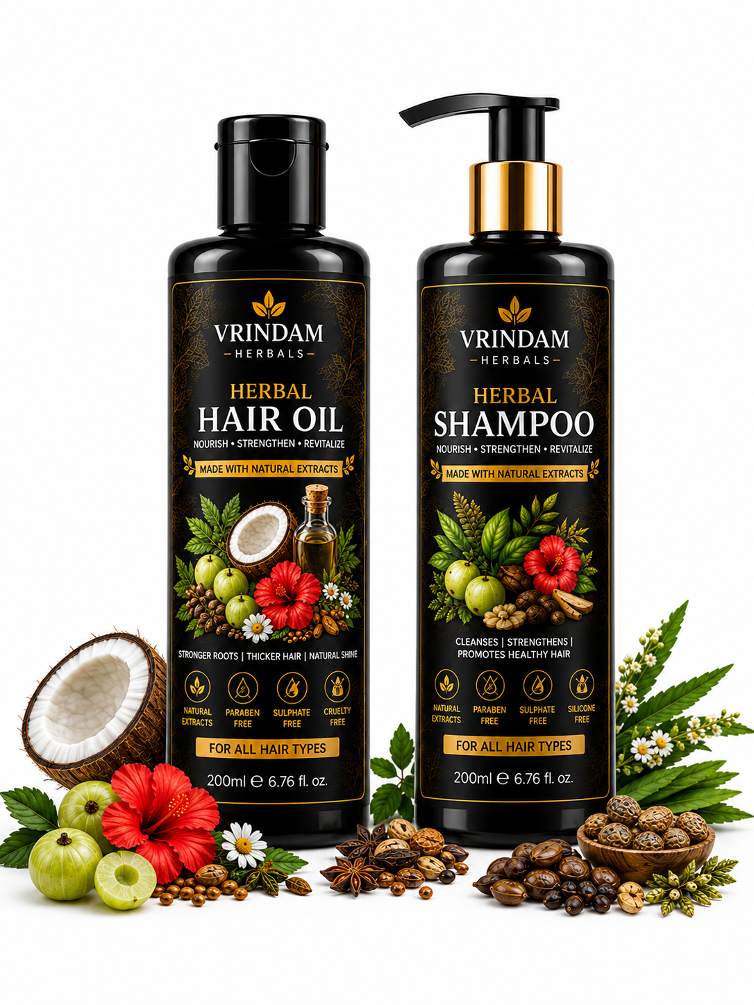 VRINDAM Herbal Hair Care Combo (100ml Hair Oil + 100ml Shampoo)