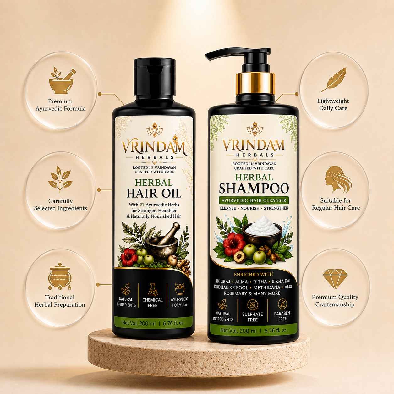 VRINDAM Herbal Hair Care Combo (100ml Hair Oil + 100ml Shampoo)