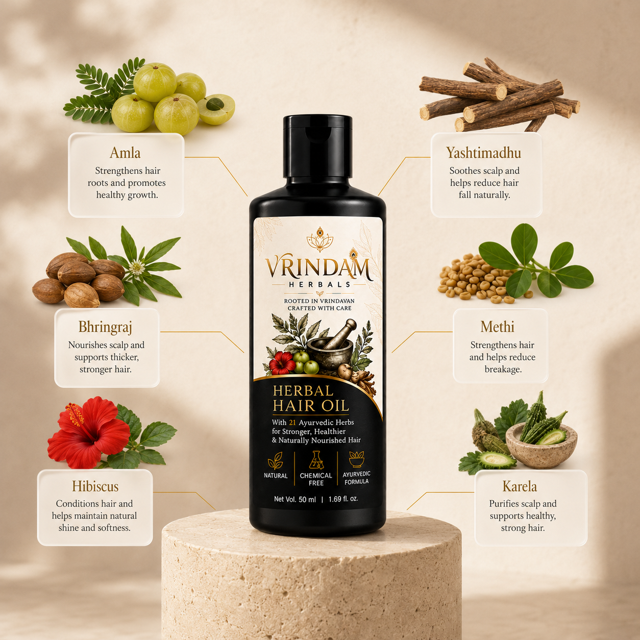 VRINDAM Herbal Hair Oil Twin Pack | 2 × 50 ml (100 ml)