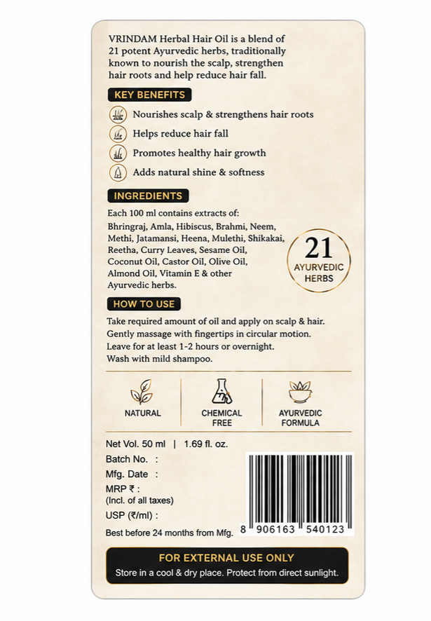 VRINDAM Herbal Hair Oil Twin Pack (2 × 50 ml) | Ayurvedic Herbs | For Hair Fall, Hair Growth & Stronger Hair