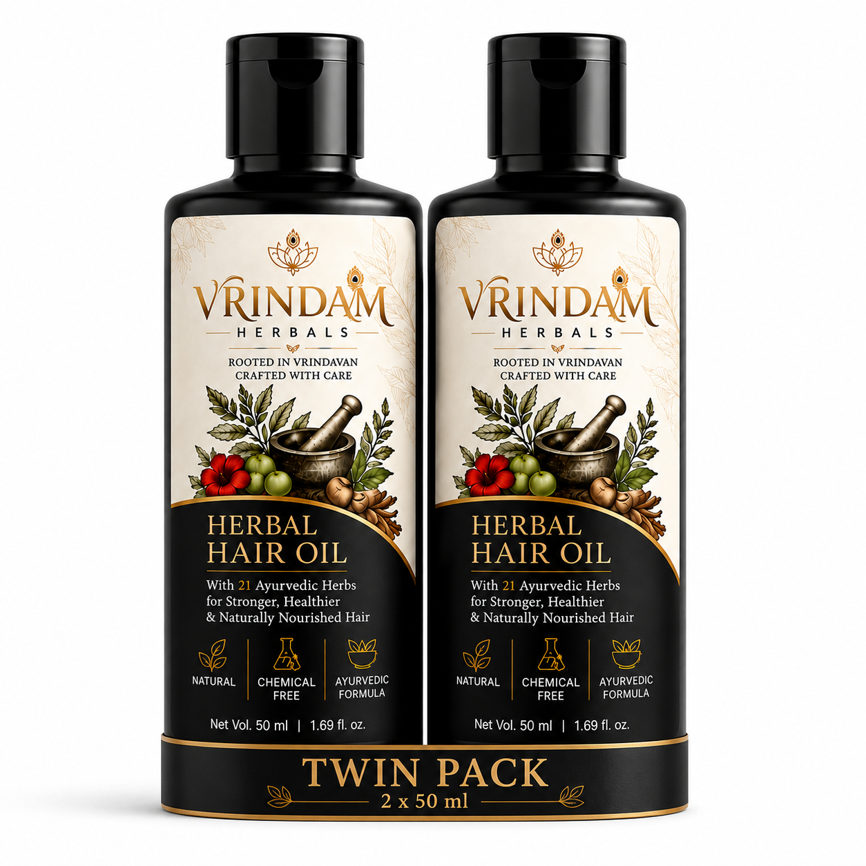 VRINDAM Herbal Hair Oil Twin Pack (2 × 50 ml) | Ayurvedic Herbs | For Hair Fall, Hair Growth & Stronger Hair